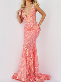 JOVANI Plunging V-neck Sequin Embellished Gown in iridescent coral - women's dress - detail view