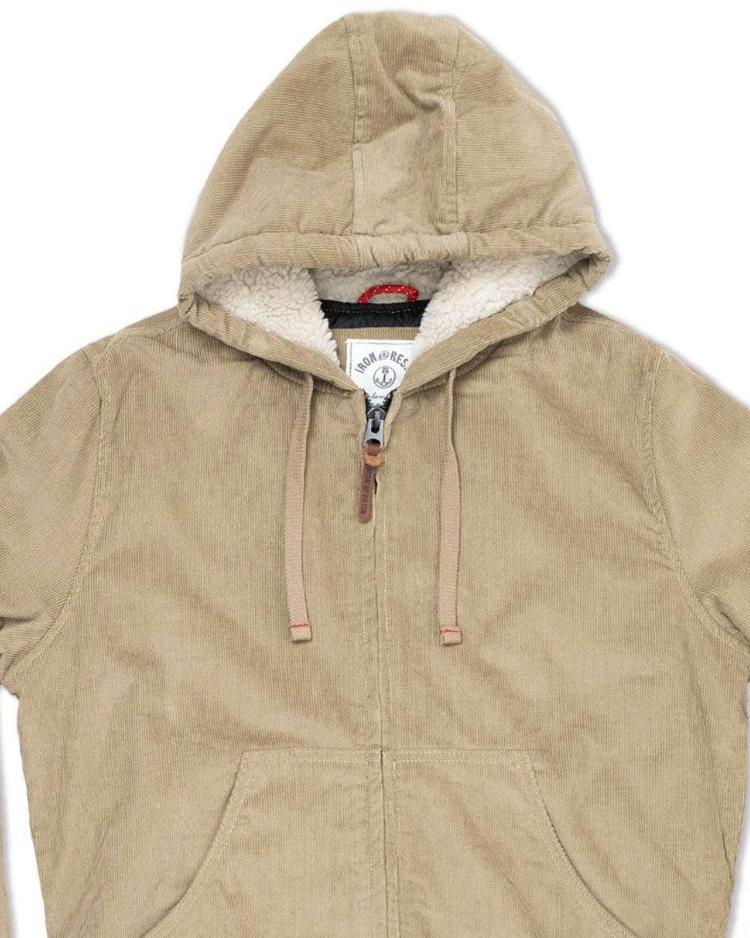 Iron & Resin Men's Corduroy Bunker Hoodie in tan - men's shirt - detail view