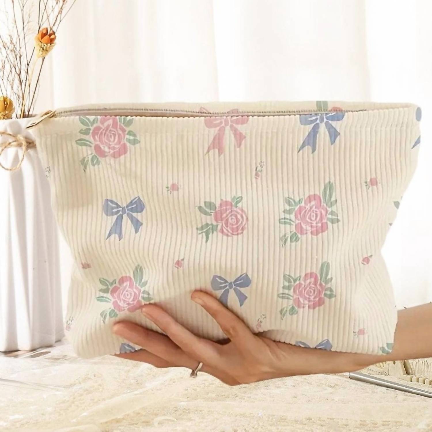 Judson & Company Women's Coquette Roses & Bows Corduroy Cosmetic Bag in pink multi - women's bag