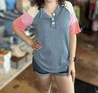 7Th Ray - Ribbed Color Block Henley Top