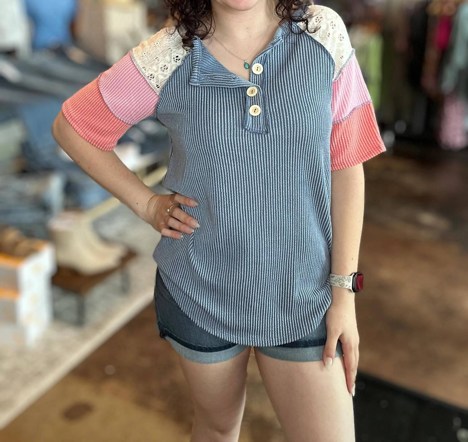 7Th Ray - Ribbed Color Block Henley Top