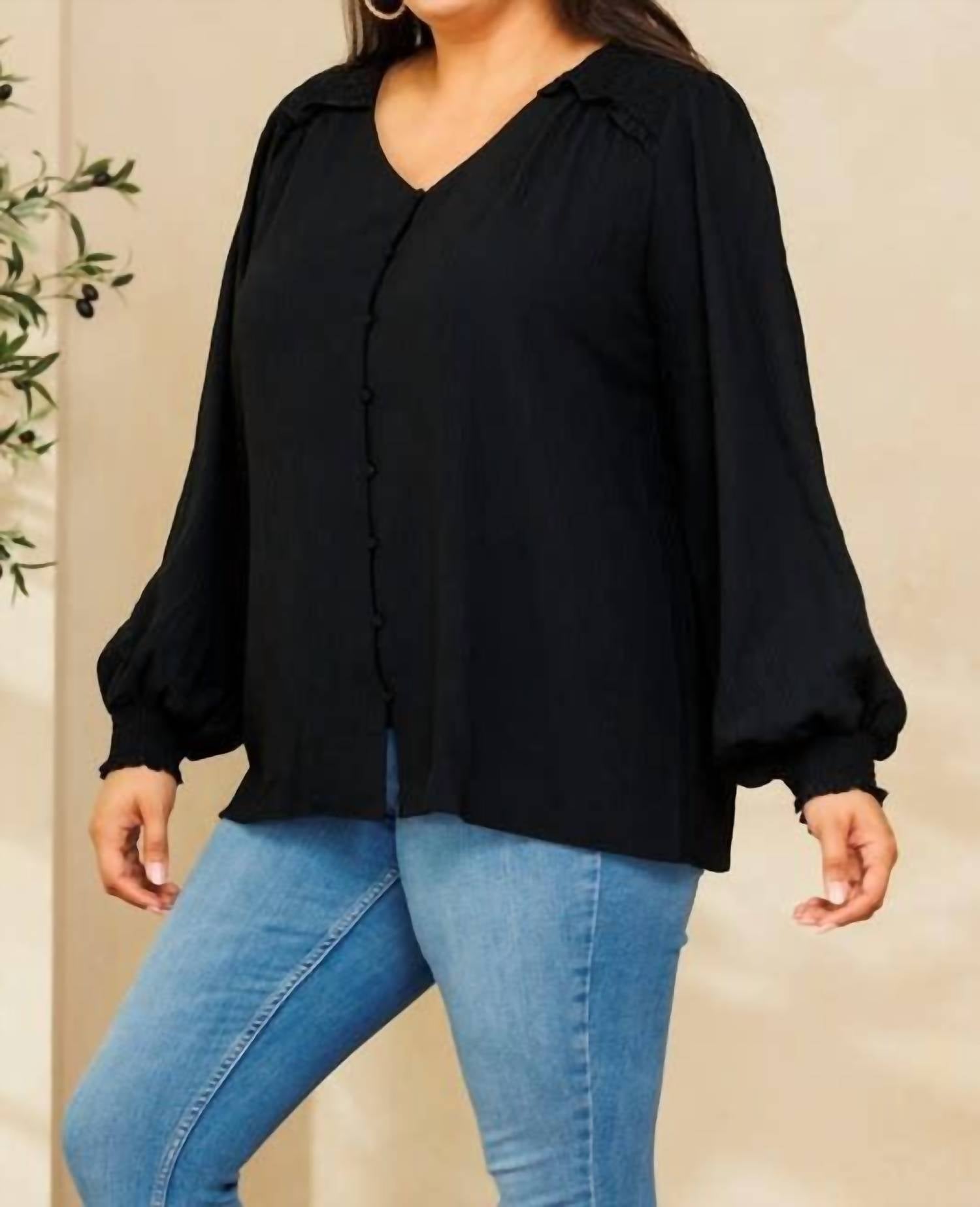 Oddi - Solid Long Puff Sleeves Woven Blouse - Plus