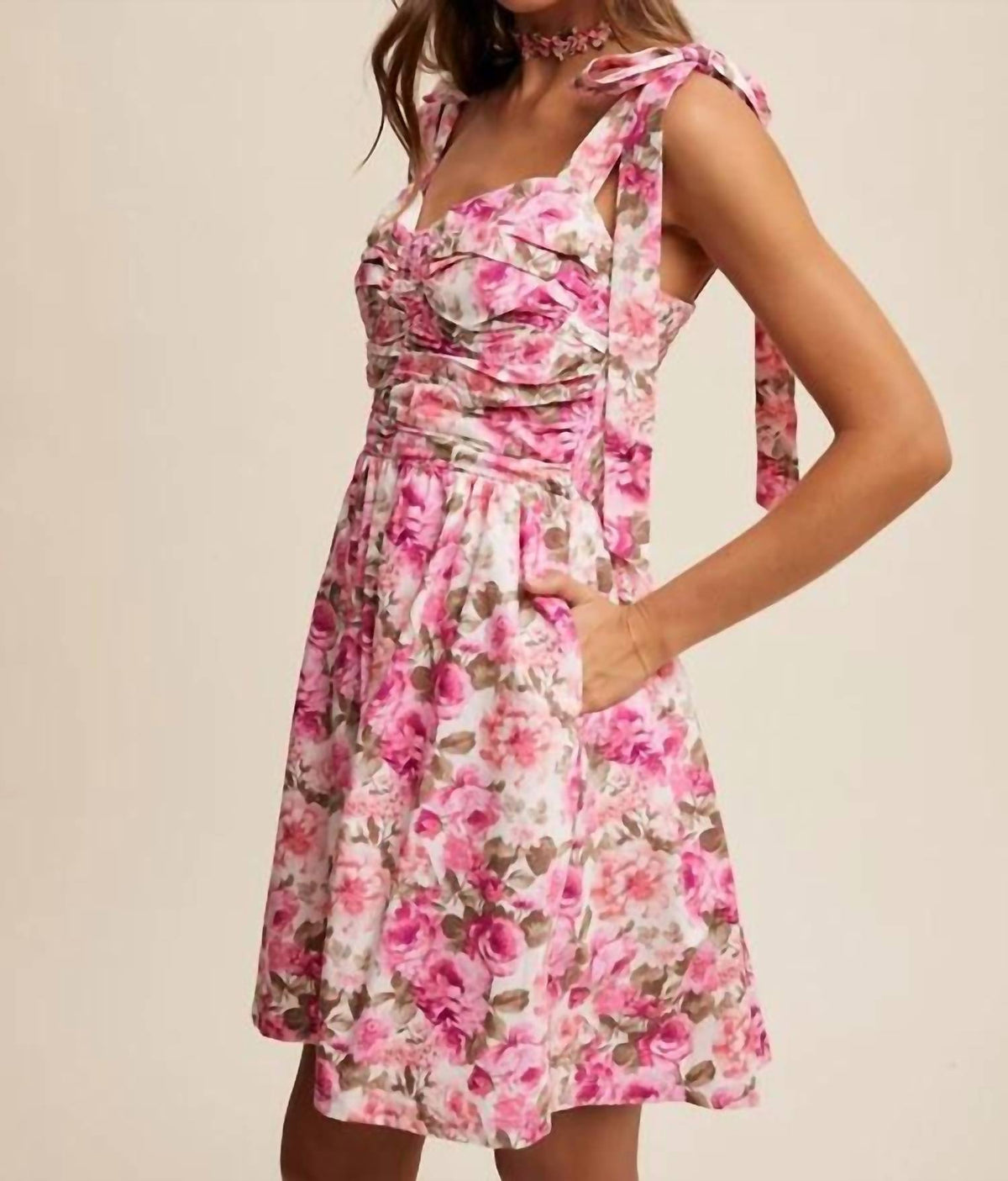 Listicle - Flower Print Bustier Tie Shoulder Dress