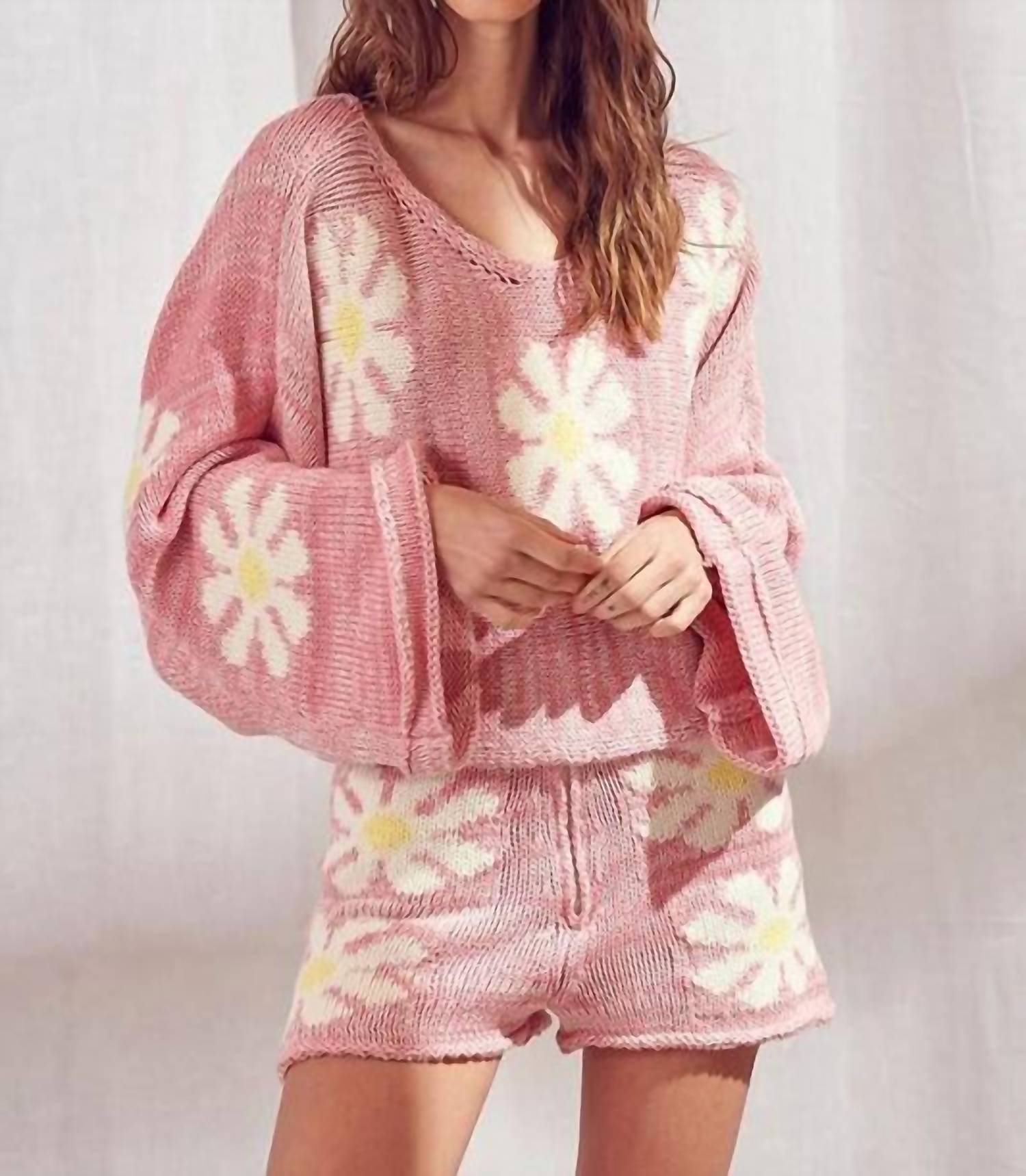STORIA In Bloom Daisy Print Knit Shorts in bloom daisy print knit shorts in pink - women's shorts