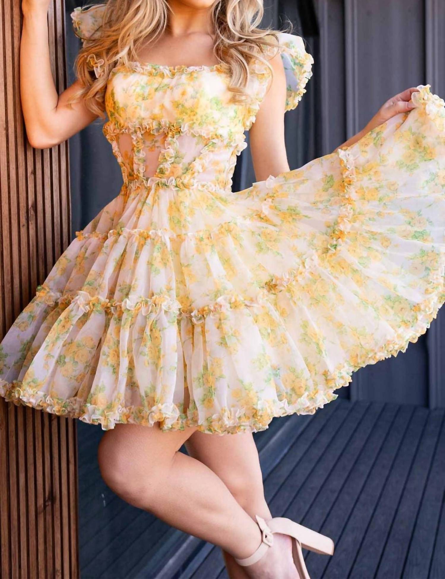 Rachel Allan Square Fitted Homecoming Dress in yellow print - women's dress - alternate view