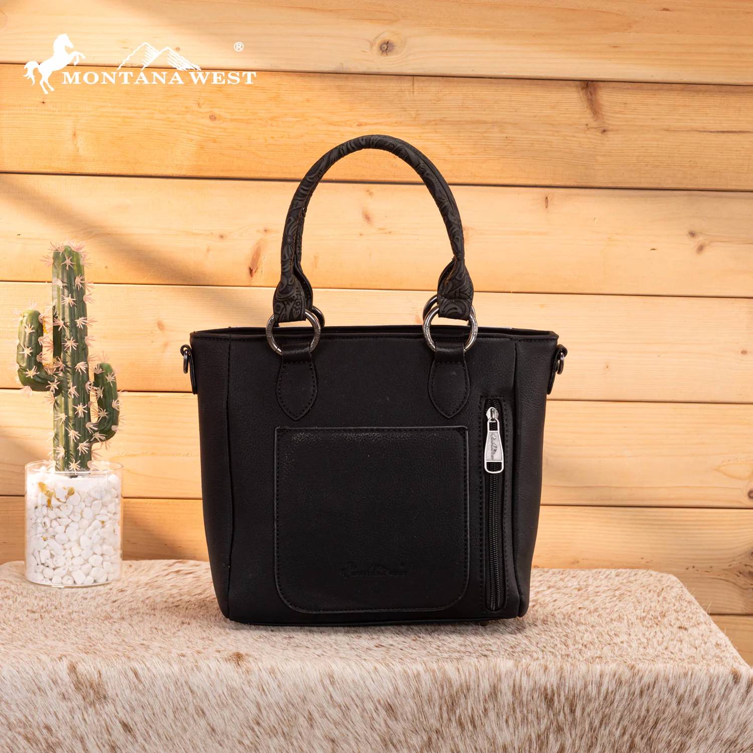 Montana West Hair-On Hide Concealed Carry Tote Bag with Tooled Strap in black - women's bag - detail view