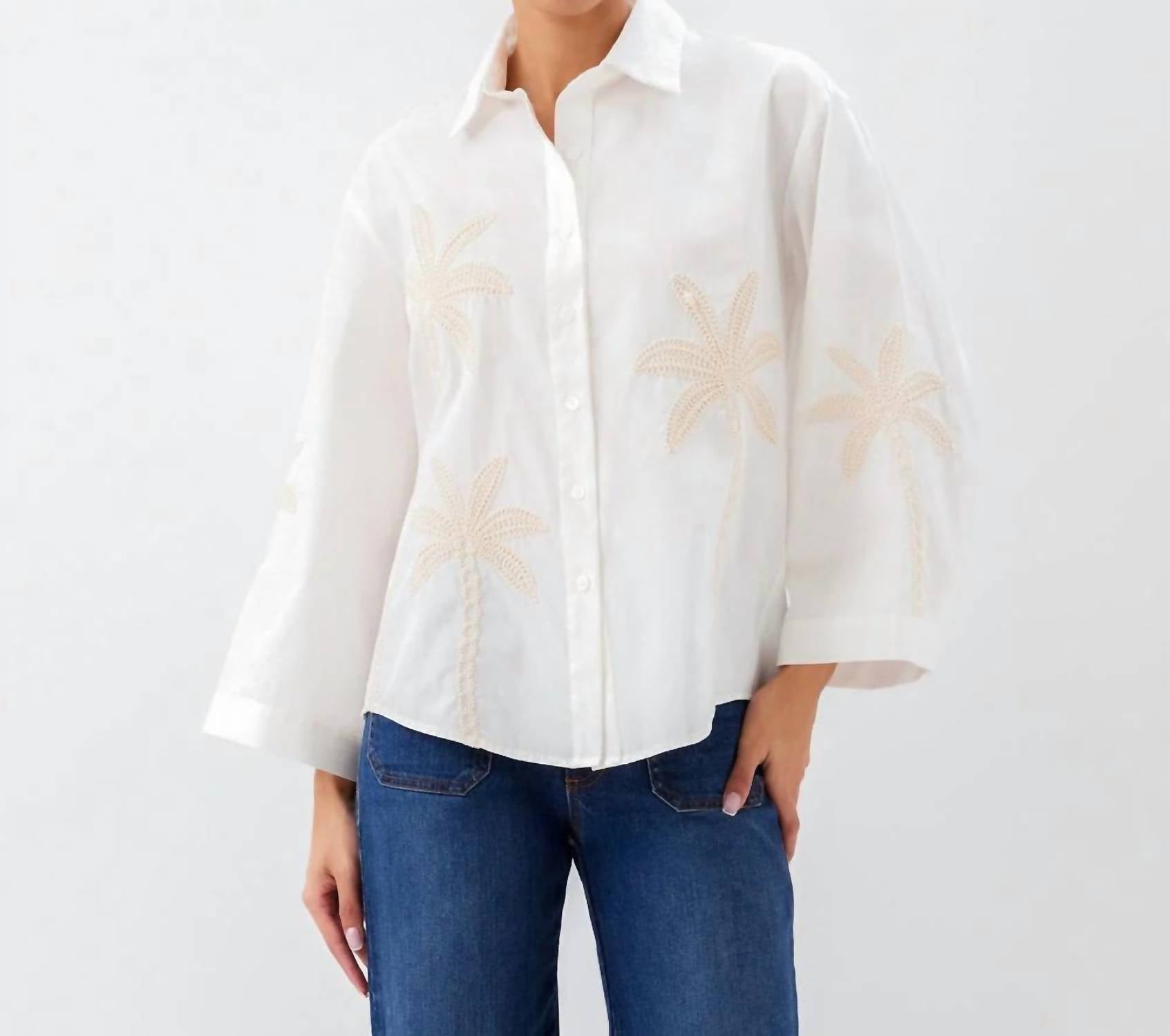 Karen Kane - Bell Sleeve Embroidered Palm Tree Shirt