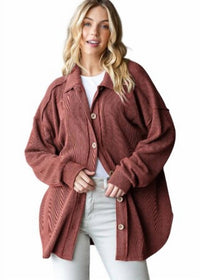Heimish Usa - Basic Collar Solid Urban Ribbed Button Down Shacket Curvy