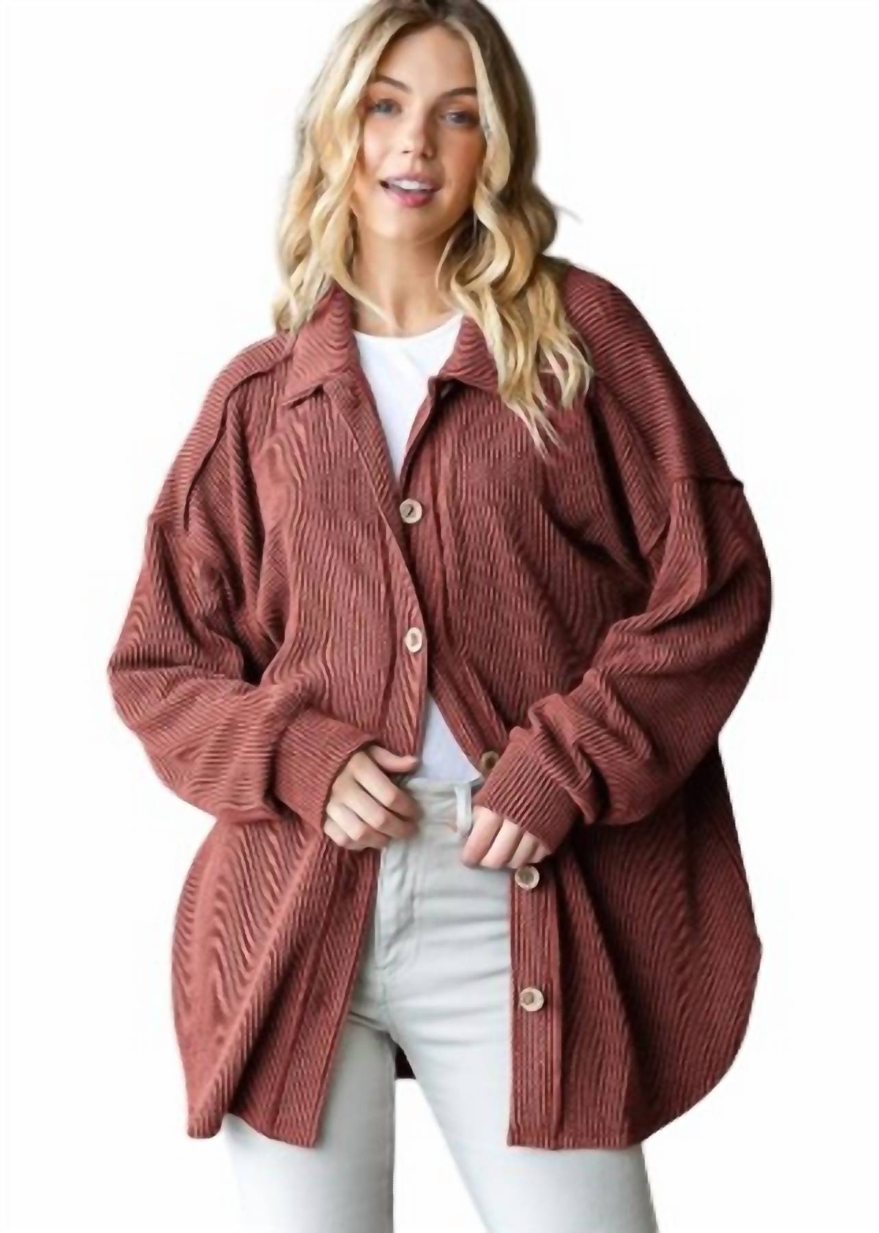 Heimish Usa - Basic Collar Solid Urban Ribbed Button Down Shacket Curvy