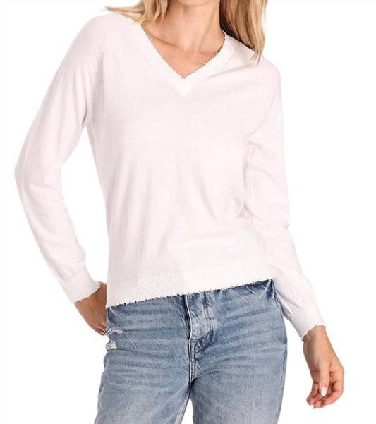 Minnie Rose - Cotton Cashmere Frayed Edge V Sweater