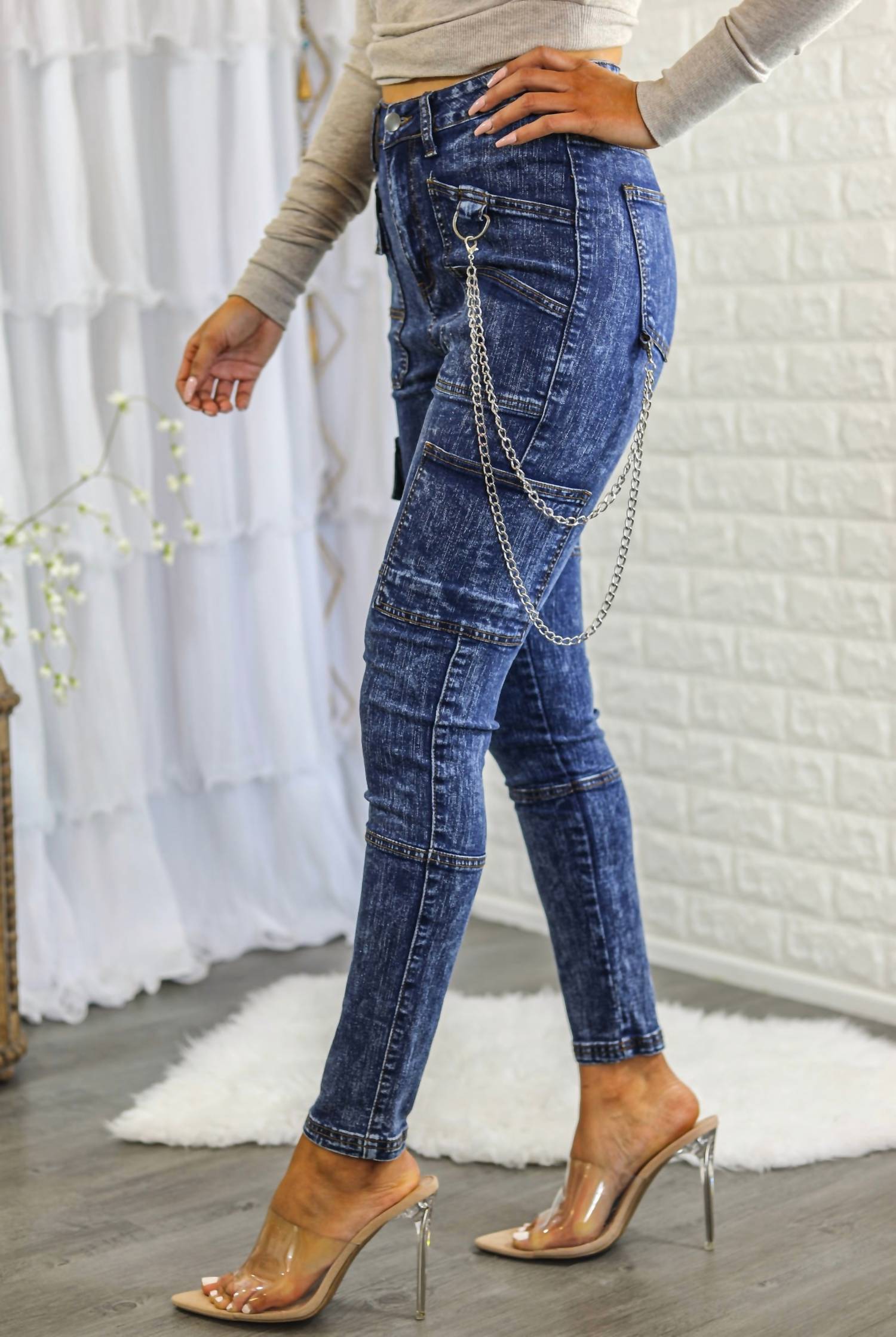 Surelymine - Women's High Waisted Cargo Style Skinny Jeans