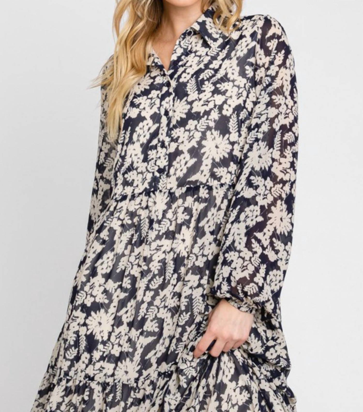 Calista - Oslo Long Sleeve Floral Patterned Tiered Midi Dress