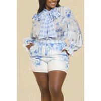 The Sang - Women's Floral Tied Neck Blouse With Short Set