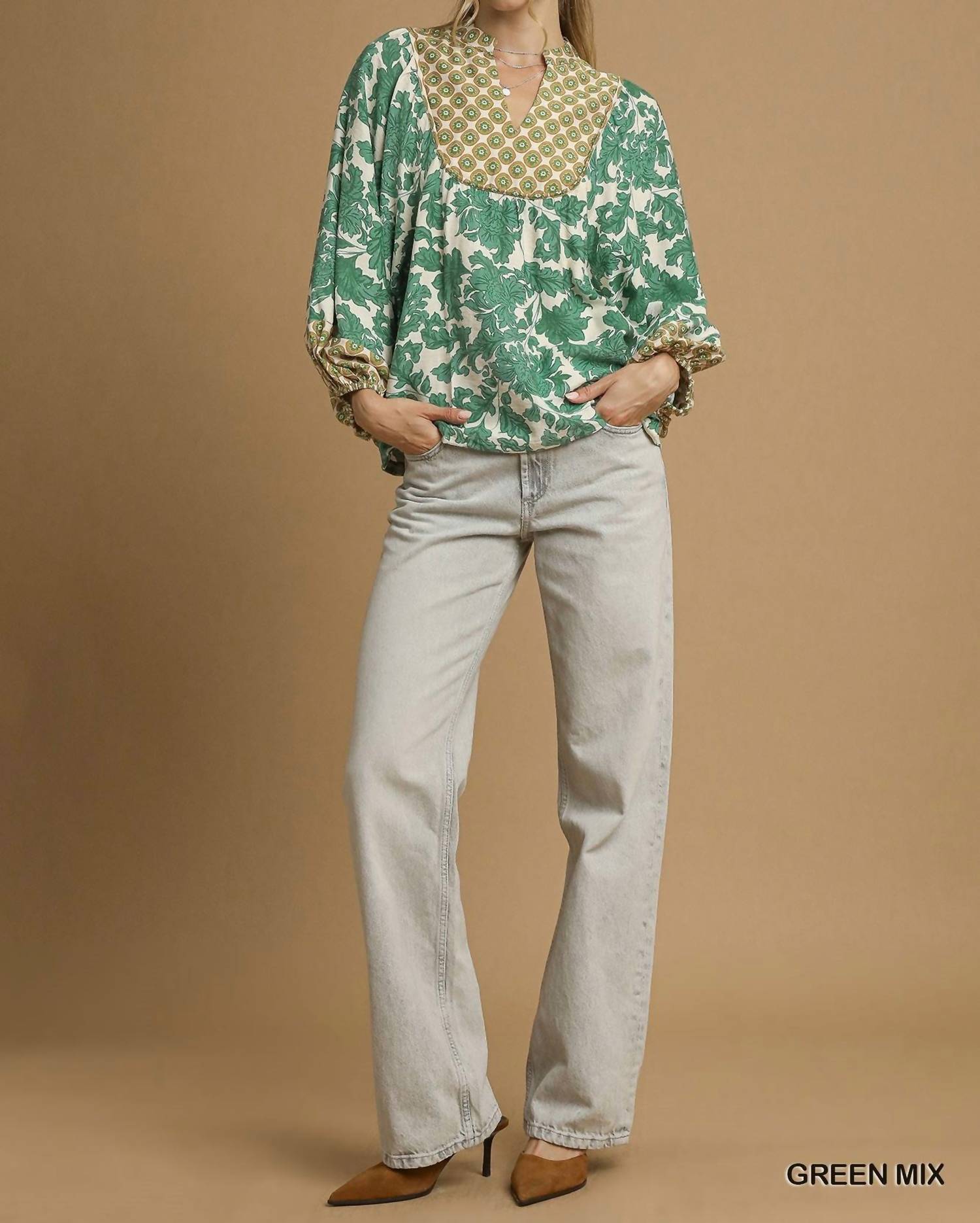 Umgee - Mix Fabric Yoke Top