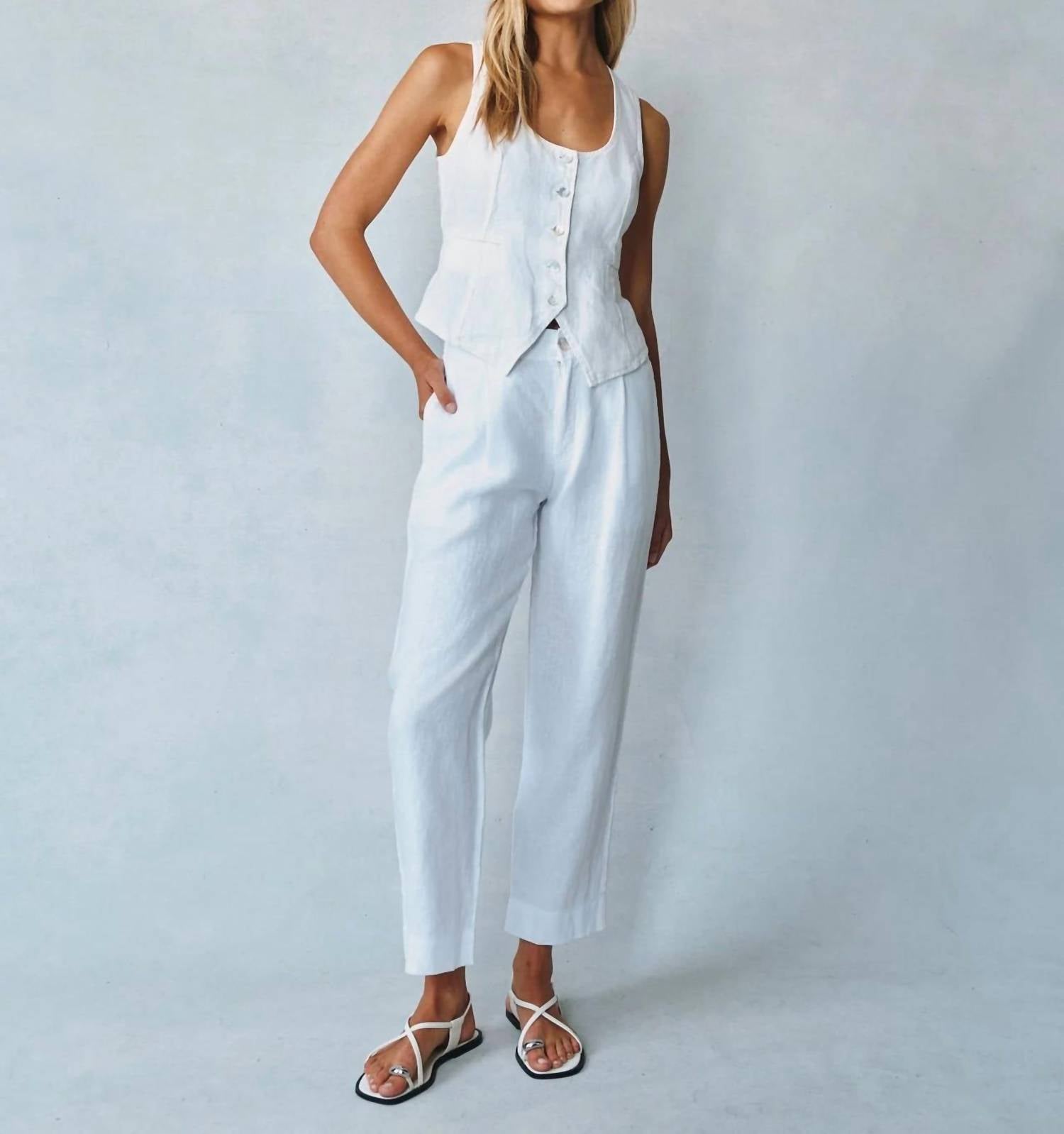 Bella Dahl Luxe Linen Pleated Wide Leg Ankle Pant in white - women's pants