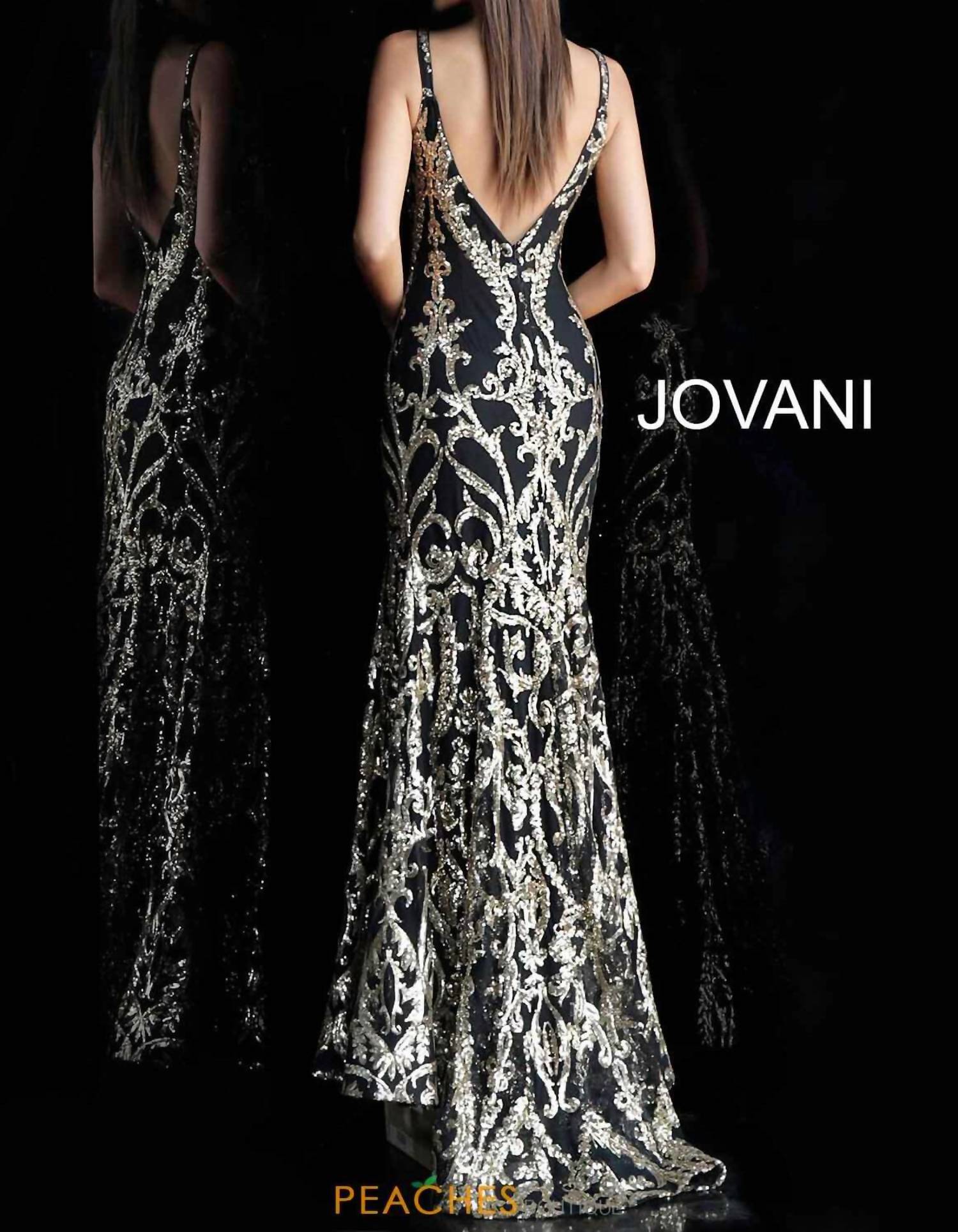 Jovani - Metallic Sequined Plunging Long Gown
