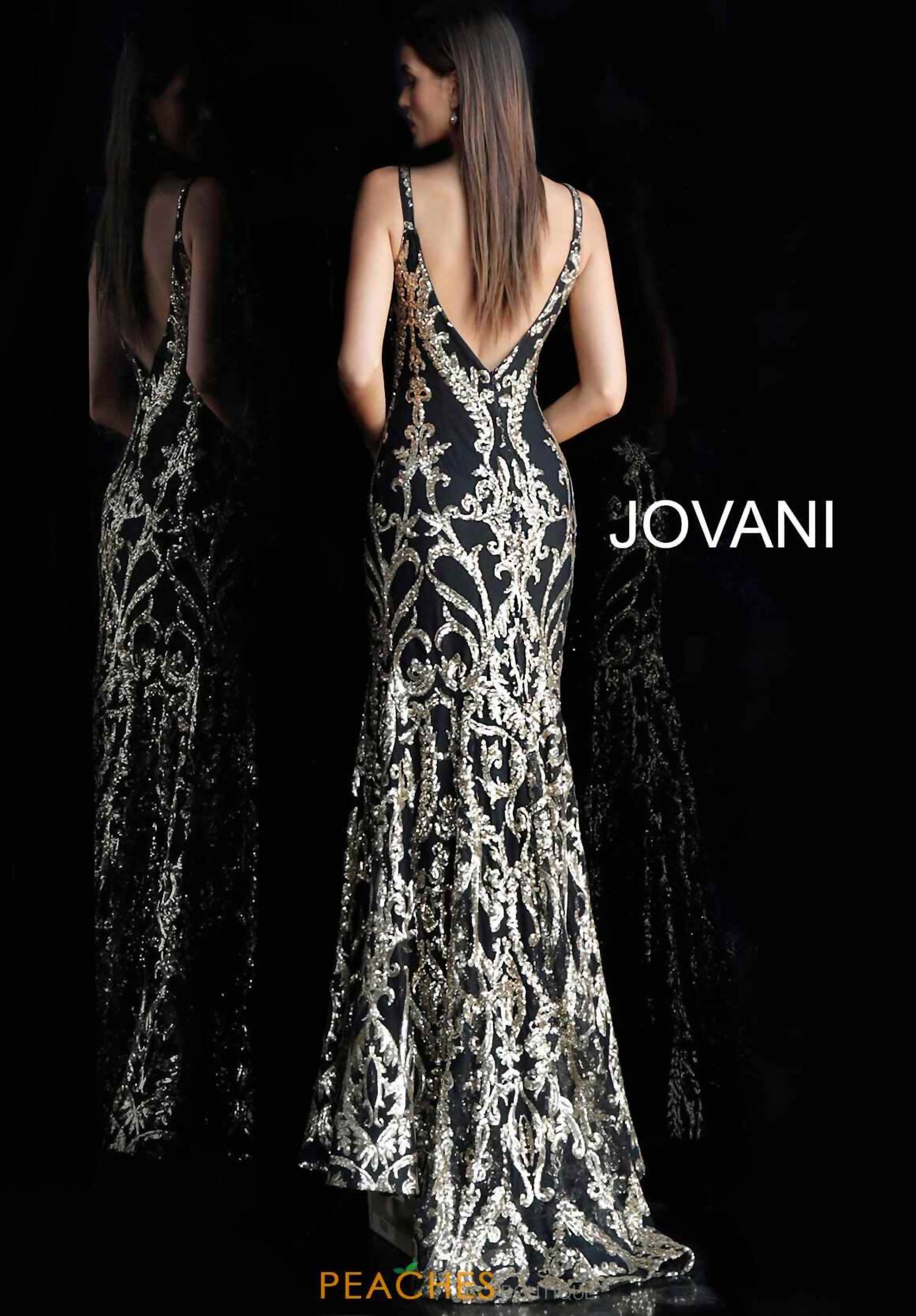 Jovani - Metallic Sequined Plunging Long Gown