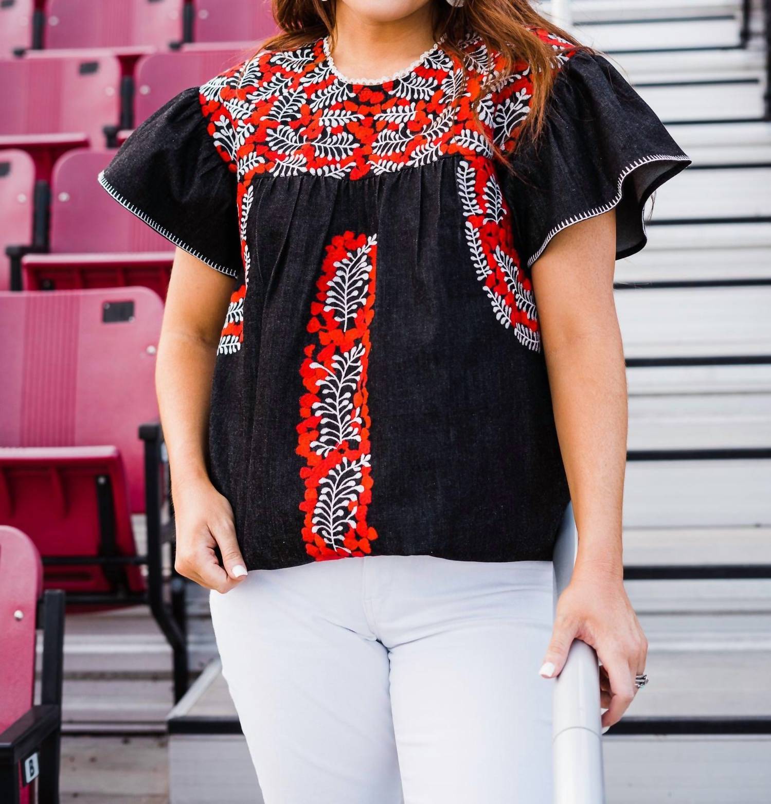 Layerz Clothing - Flutter Sleeve Embroidered Top