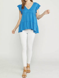 entro Tiered Ruffle Babydoll Top in french blue - women's blouse - view 7