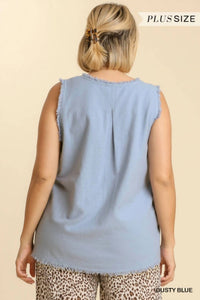 V-Neck Sleeveless Top with Frayed Hem Plus