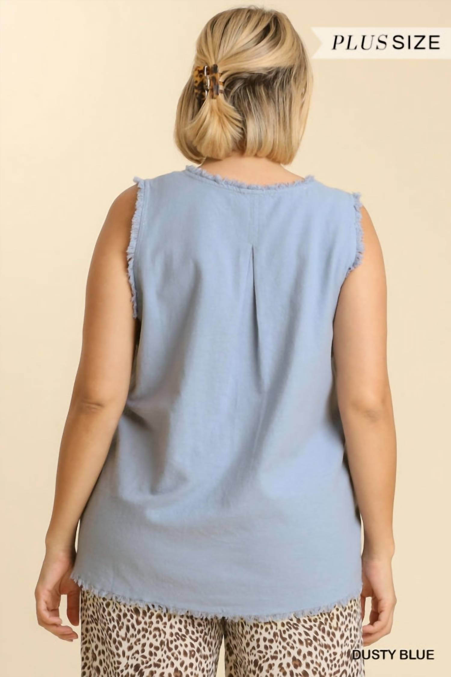 V-Neck Sleeveless Top with Frayed Hem Plus