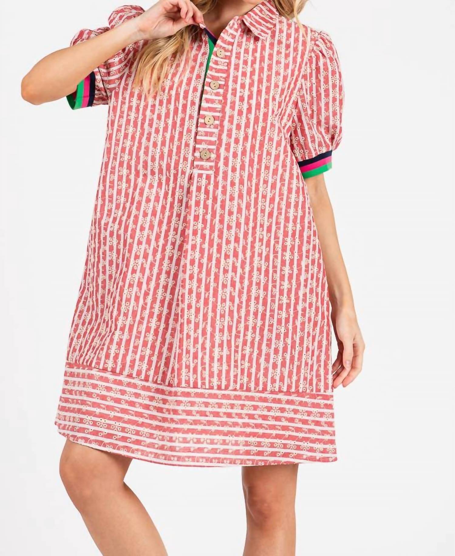 Sewn And Seen - Striped Floral Collared Puff Sleeve Mini Dress