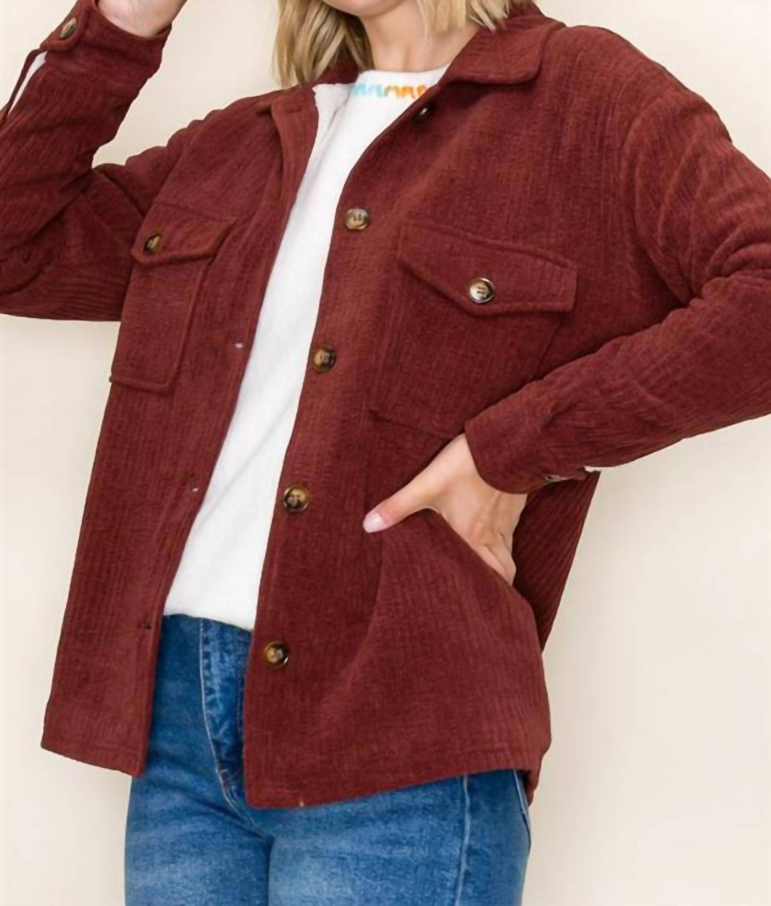 STACCATO Corduroy Fleece Lined Shacket in burgundy - women's jacket - view 5