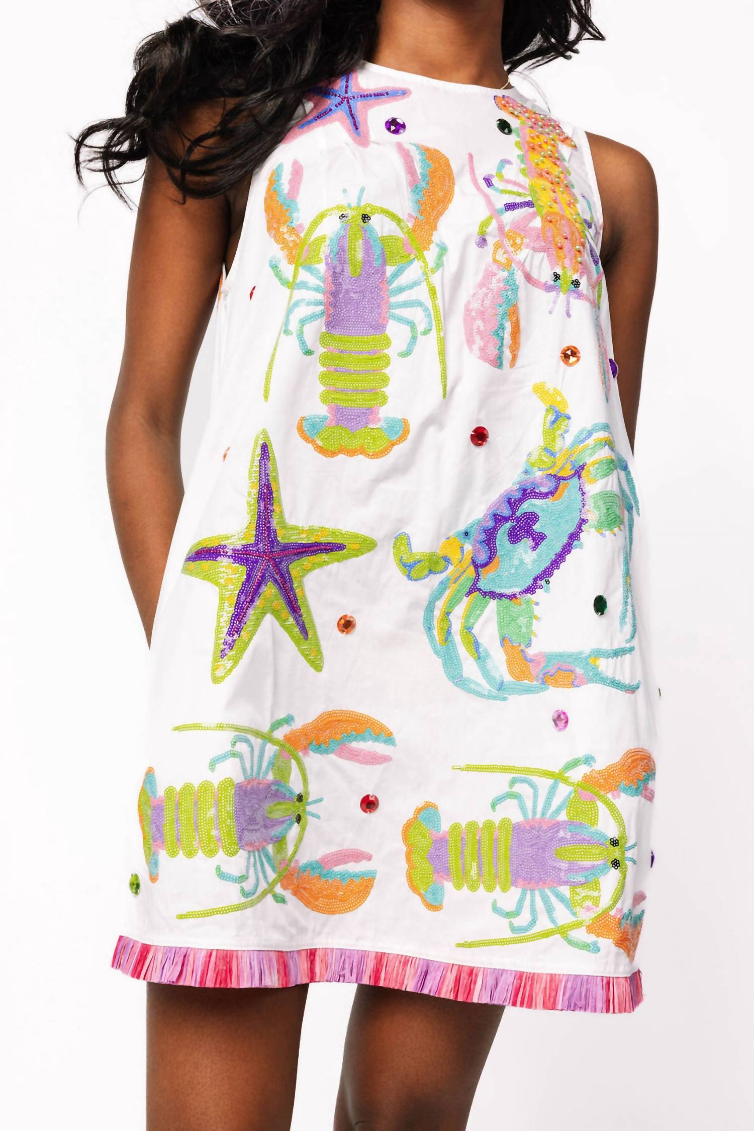 Queen Of Sparkles - Multi Crab Starfish & Lobster Tank Fringe Dress