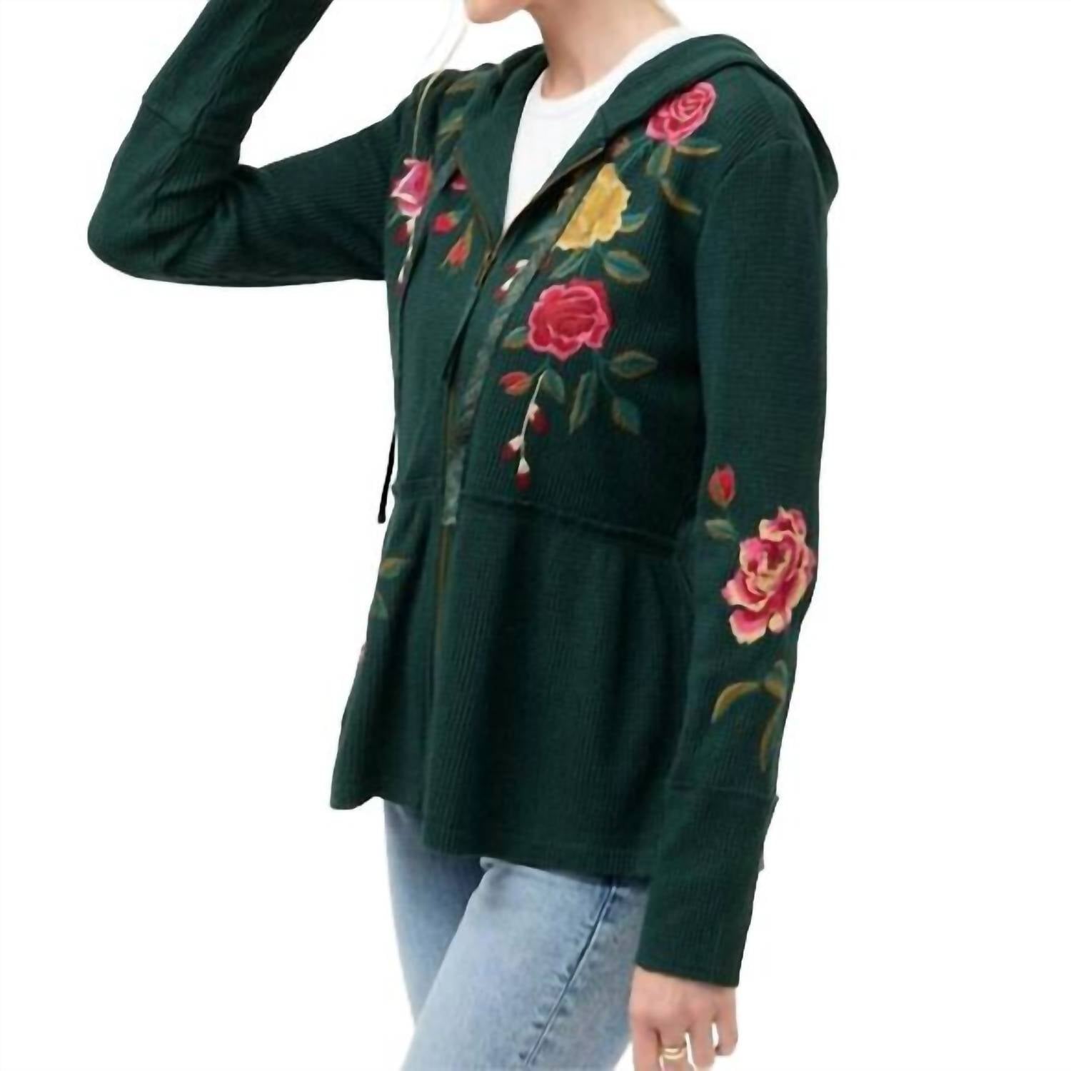 Johnny Was ROSILIA PEPLUM METALLIC THERMAL HOODIE in metallic emerald - women's top - detail view