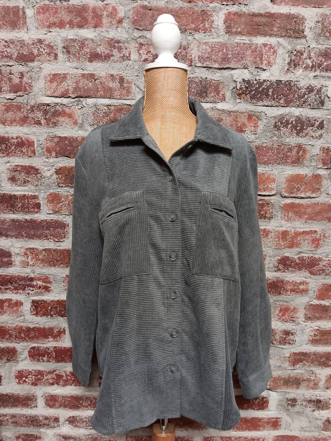 Multiples Women's Cuffed Long Sleeve Button Up Top in granite - women's shirt