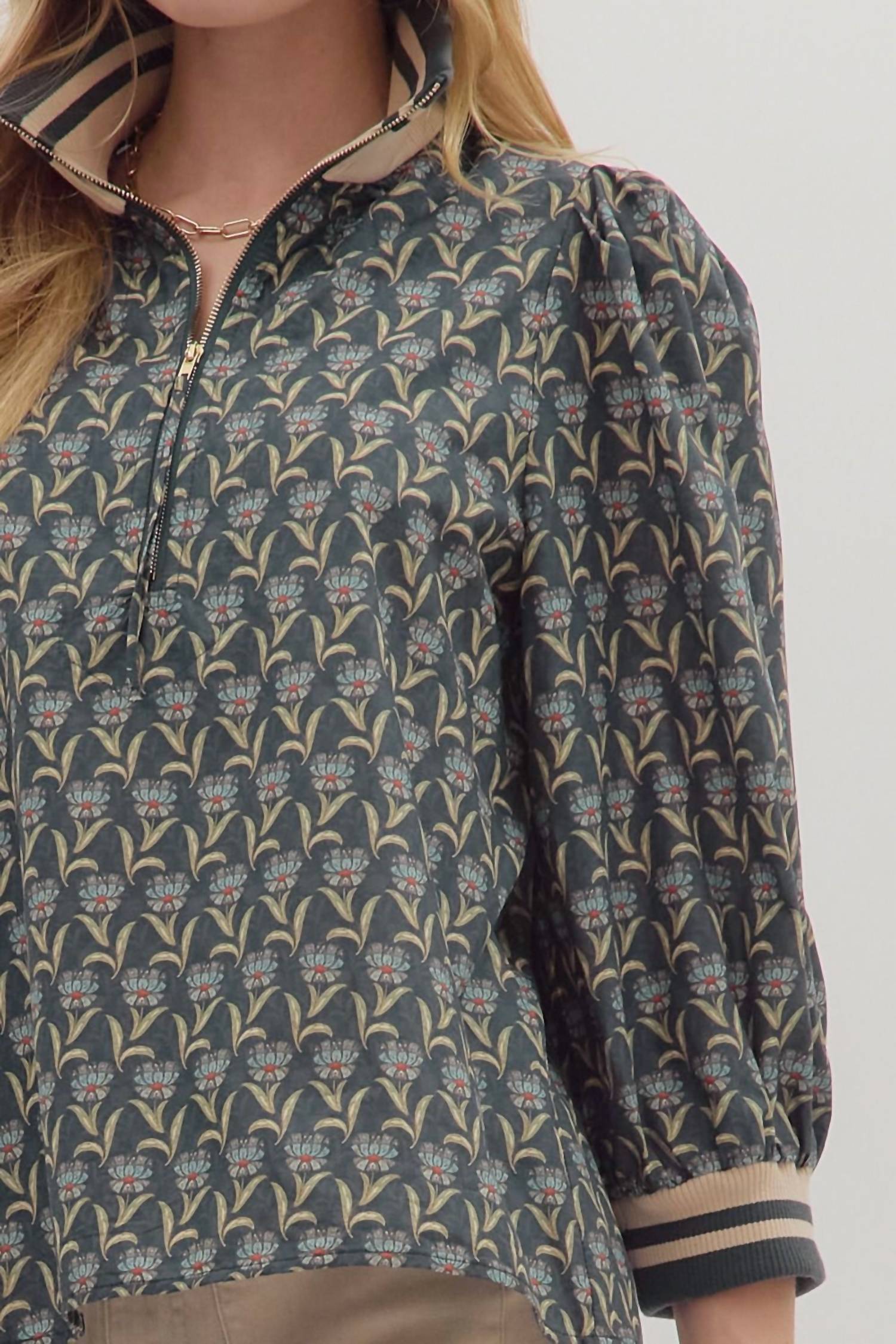 entro Floral Puff Sleeve Zip Top in midnight - women's blouse - view 5