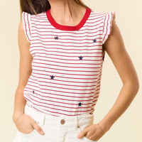 Doe And Rae - Ruffle Star Embroidered Stripe Tank Top