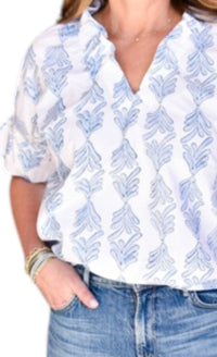 Finley Crosby Top in blue palmetto - women's blouse - detail view