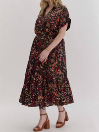 Entro - Satin V-neck Collared Midi Dress - Plus