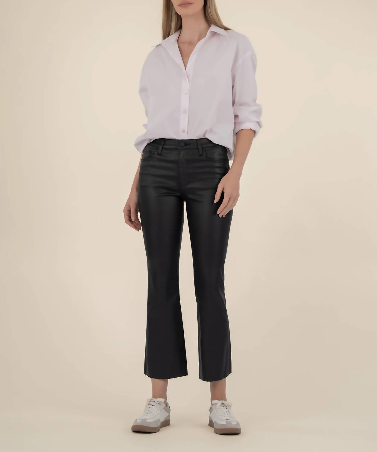 KUT FROM THE KLOTH Kelsey Coated Ankle Flare Pants With Raw Hem in black - women's pants
