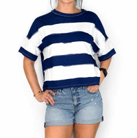 Zenana - Women's French Terry Striped Exposed Seam Top
