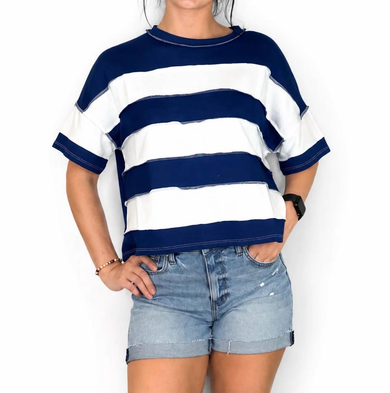 Zenana - Women's French Terry Striped Exposed Seam Top