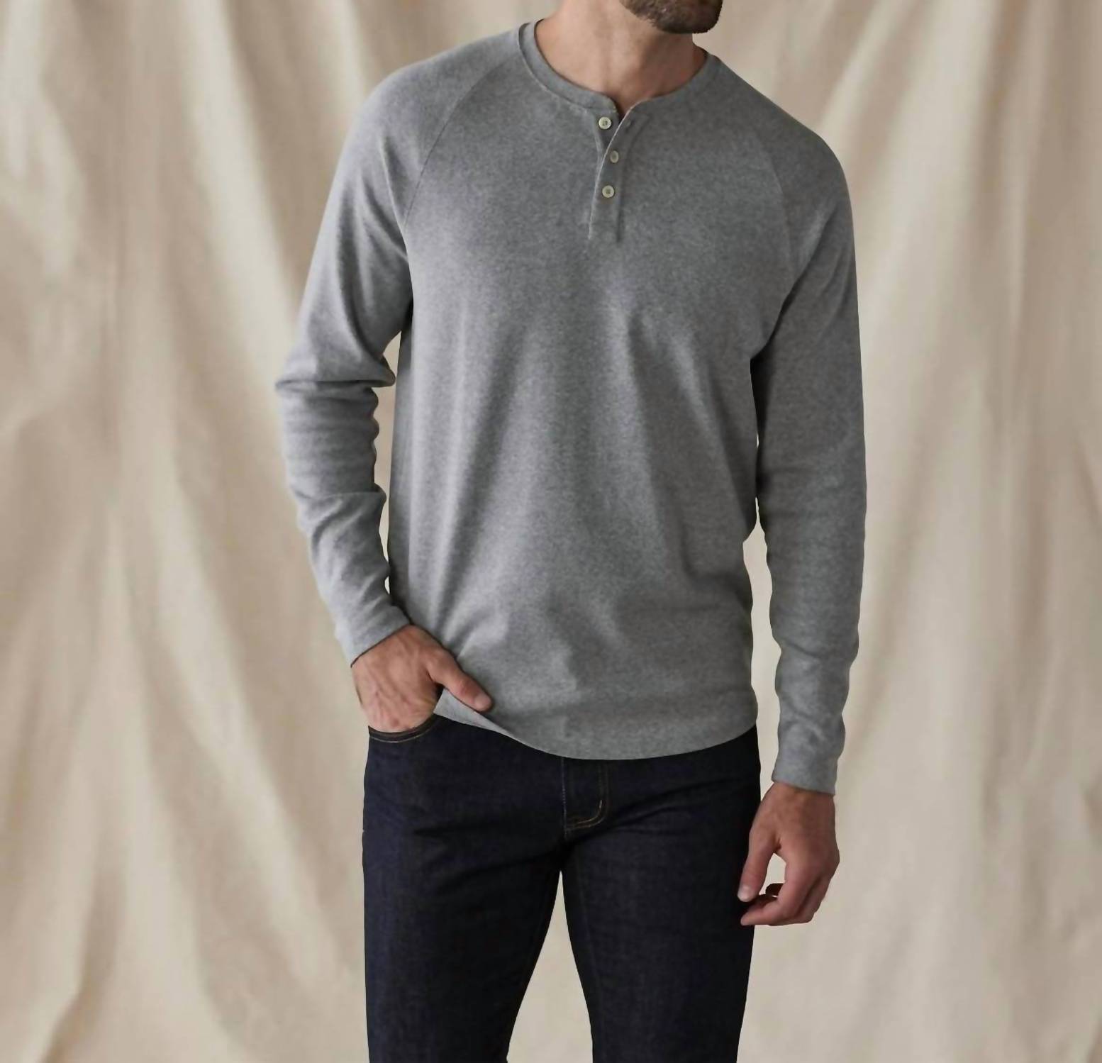 The Normal Brand Puremeso Everyday Henley Top - Plus in heather grey - men's long sleeve top