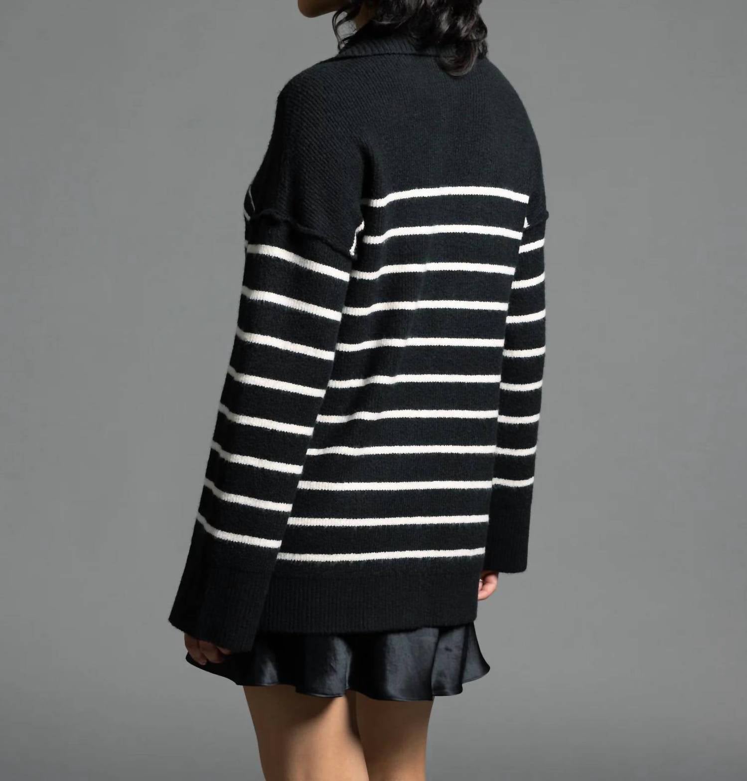 Weekend Los Angeles Coralie Zip Up Sweater in black ivory stripe - women's long sleeve top - detail view