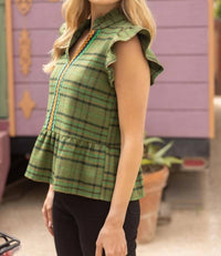 Voy - Multi Color Wavy Trim Detailed Plaid Flannel Top