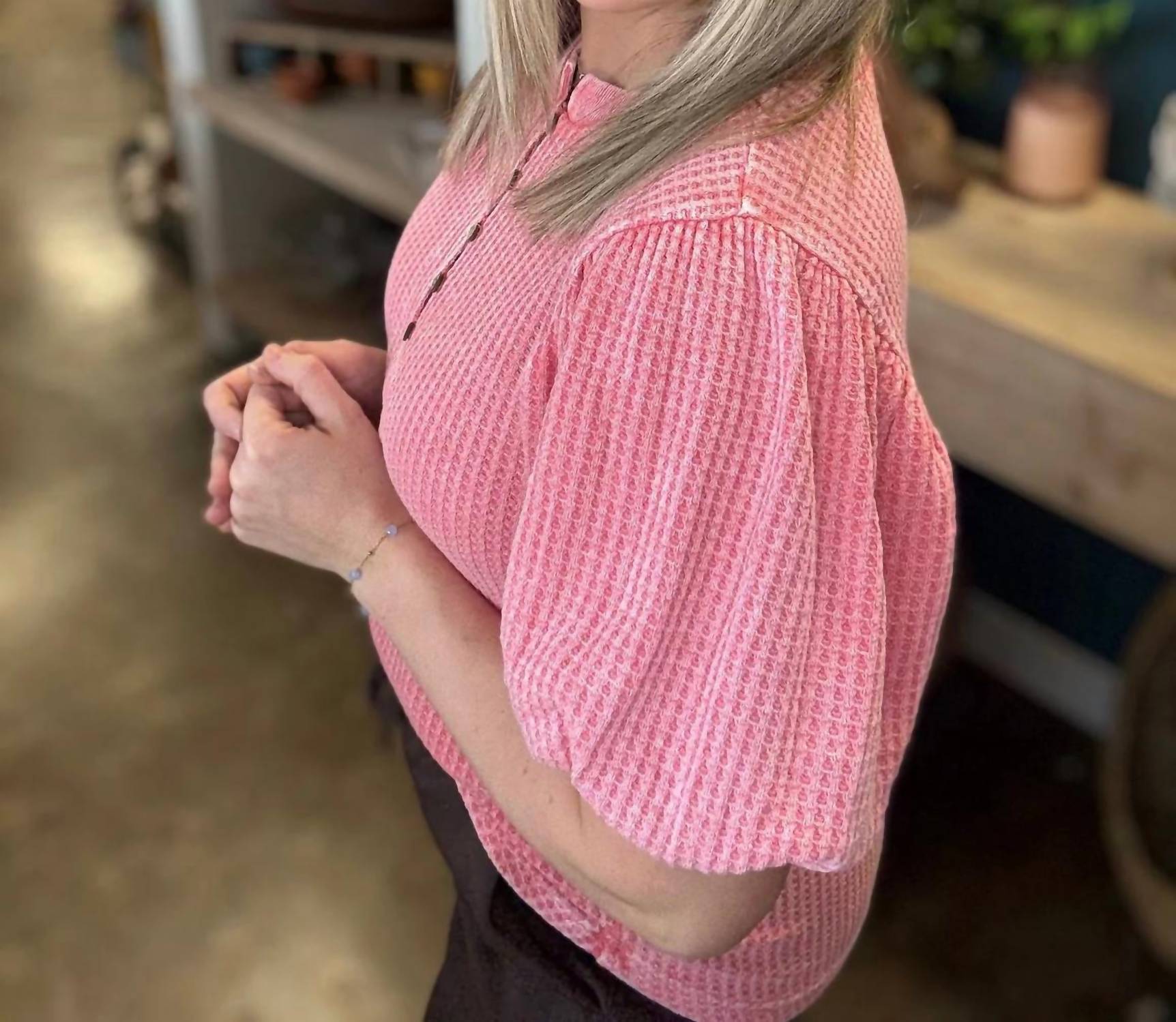 Easel - Waffle Knit Puff Sleeve Top