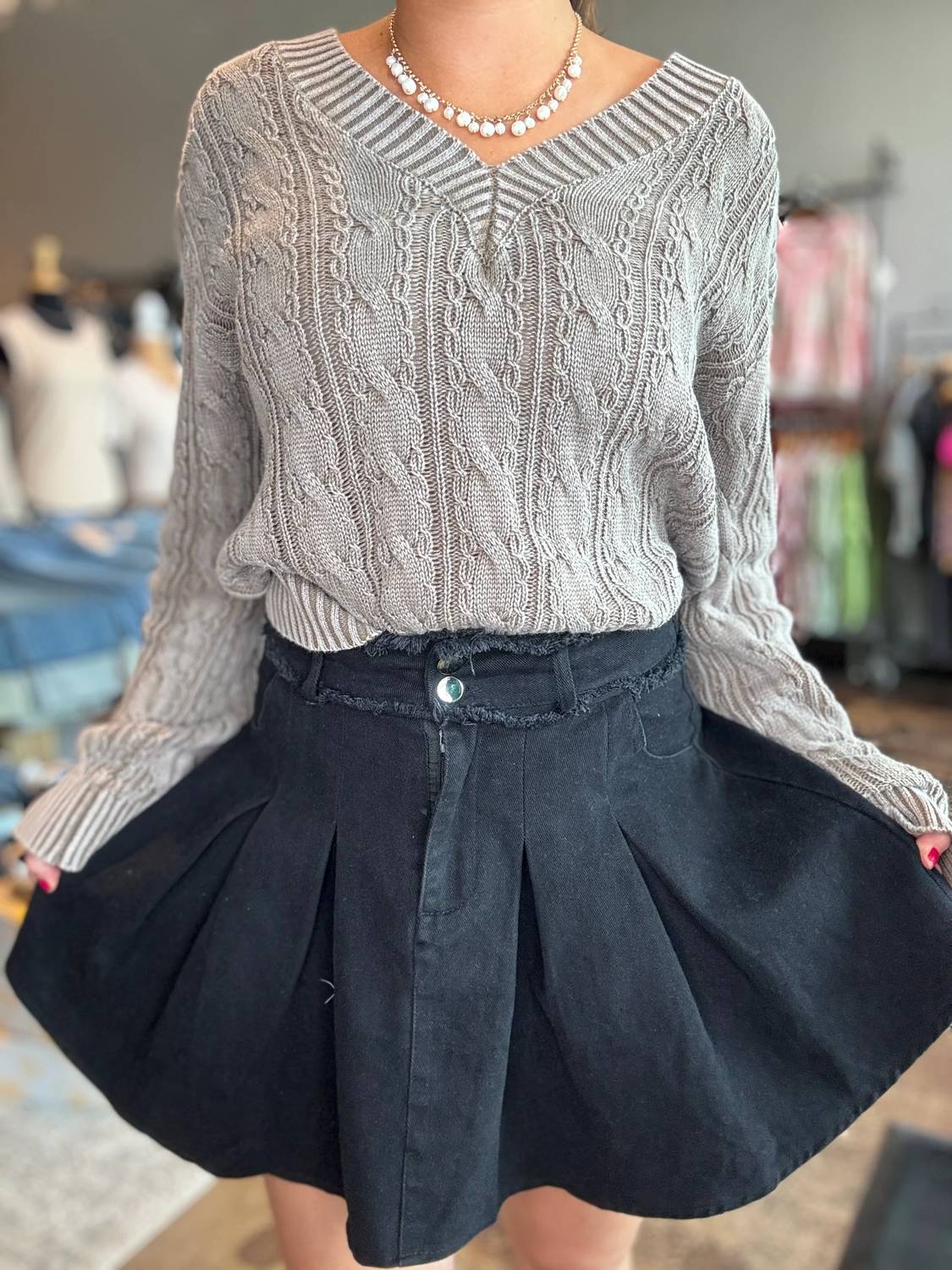 Adora - Pleated Washed Denim Skirt