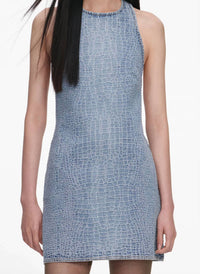 Self-Portrait - Rhinestone Croc Effect Denim Mini Dress