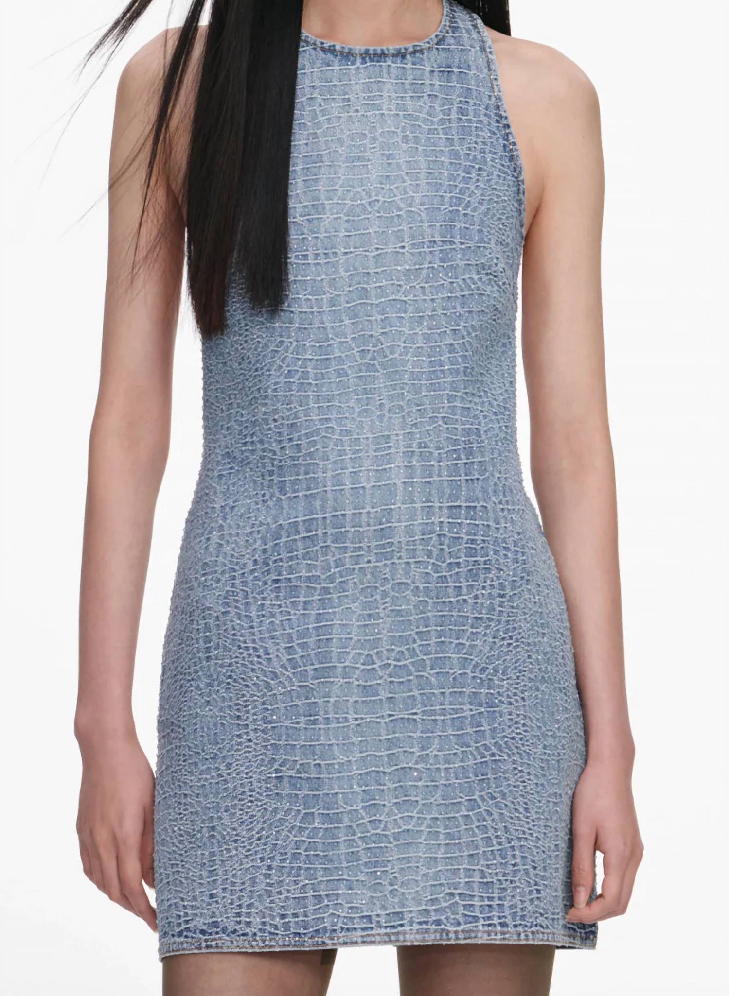 Self-Portrait - Rhinestone Croc Effect Denim Mini Dress