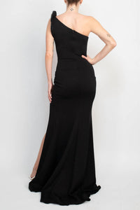 Jovani - Fitted One Shoulder Slit Front Crepe Gown