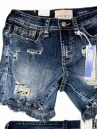 Grace In La - Women's Distressed Jean Shorts With Leopard Accent