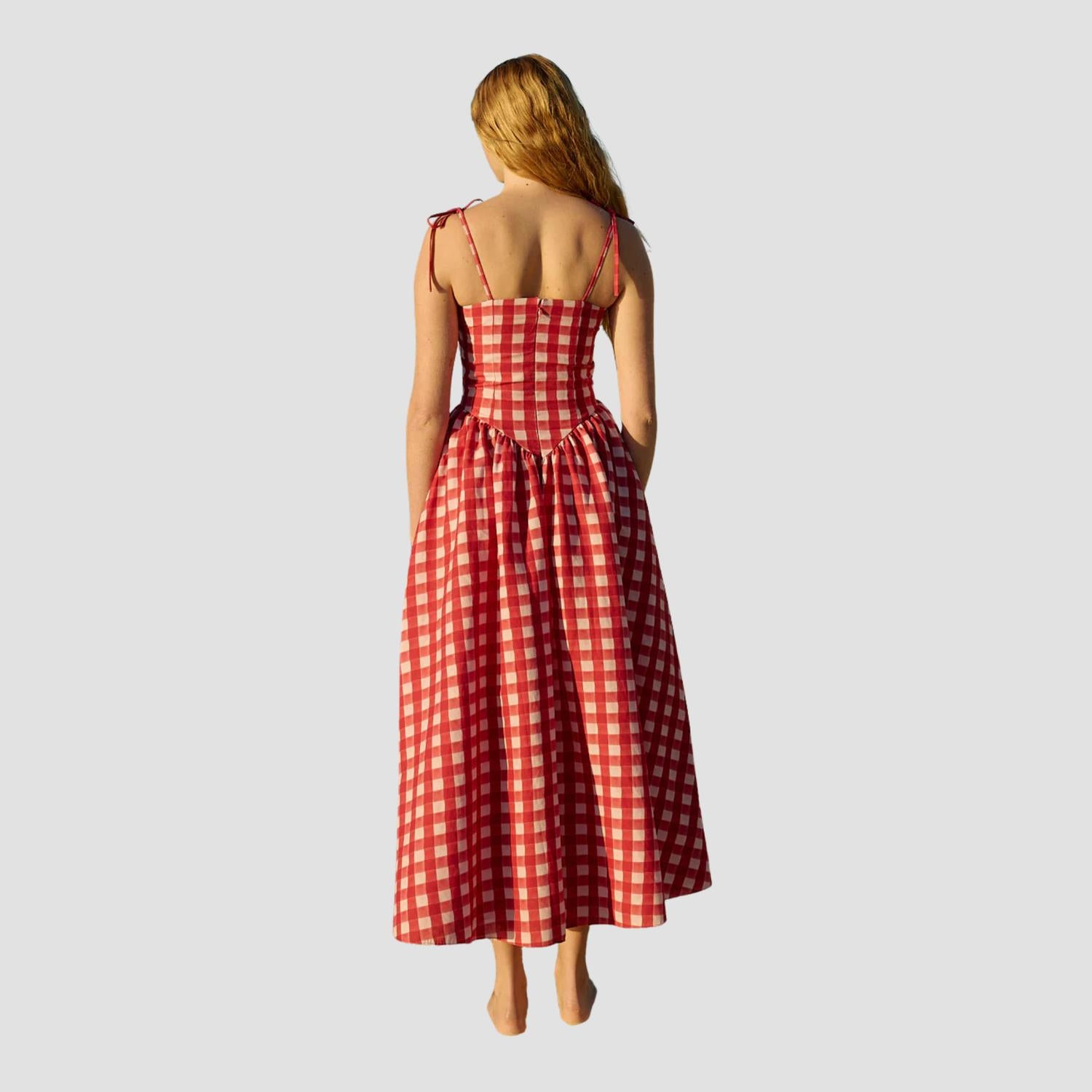 Aston Studio Polly Maxi Dress in redcurrant gingham - women's dress - detail view
