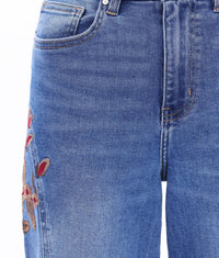 Bayeas High Rise Floral Embroidered Wide Leg Jeans in medium blue - women's jeans - view 6
