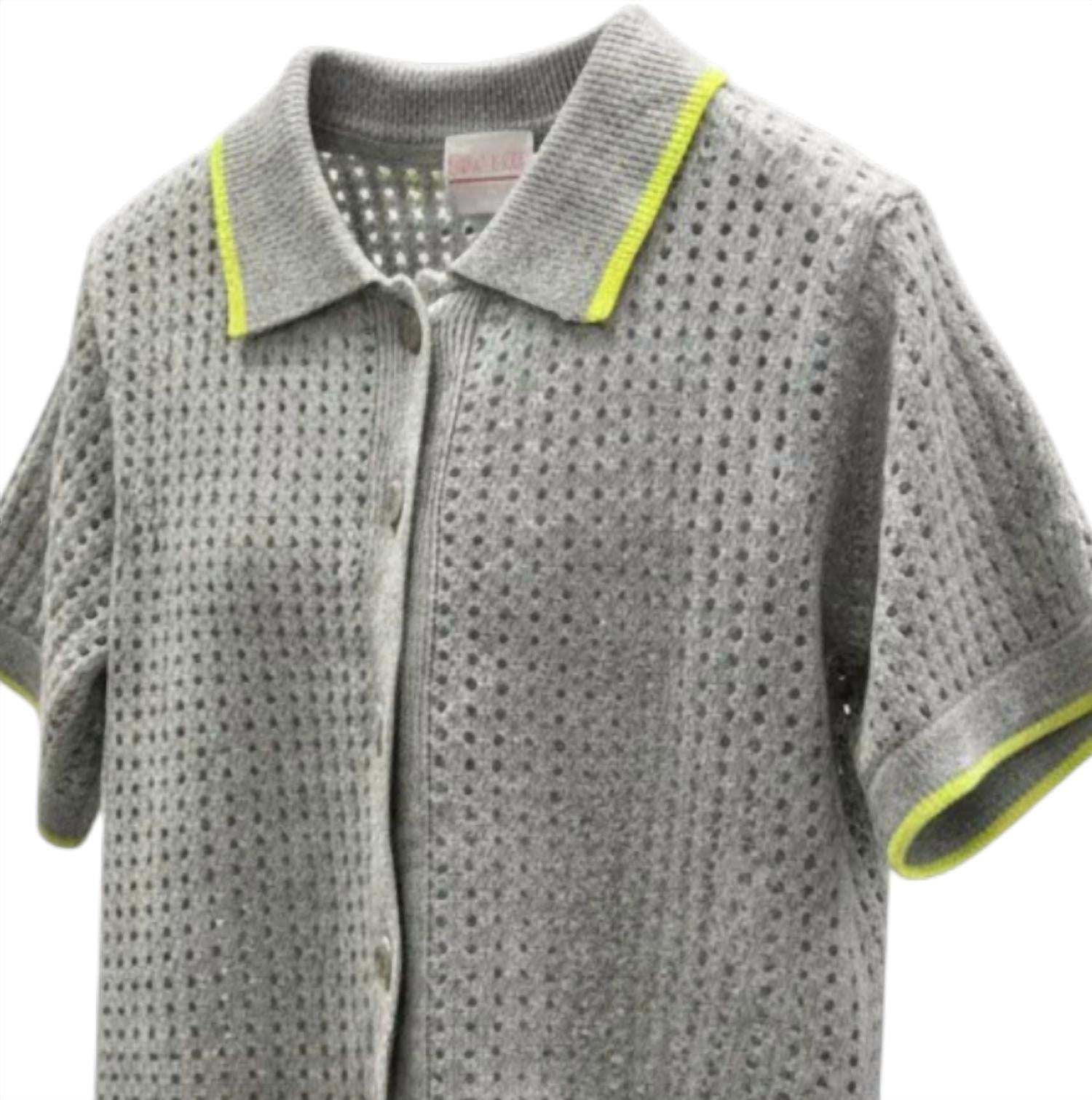 Brodie Cashmere Women's Short Sleeve Jacket in super grey neon yellow - women's blouse - detail view
