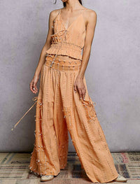 POL Boho Ruffle Contrast Shell Trim Wide Leg Pants in coral - women's pants